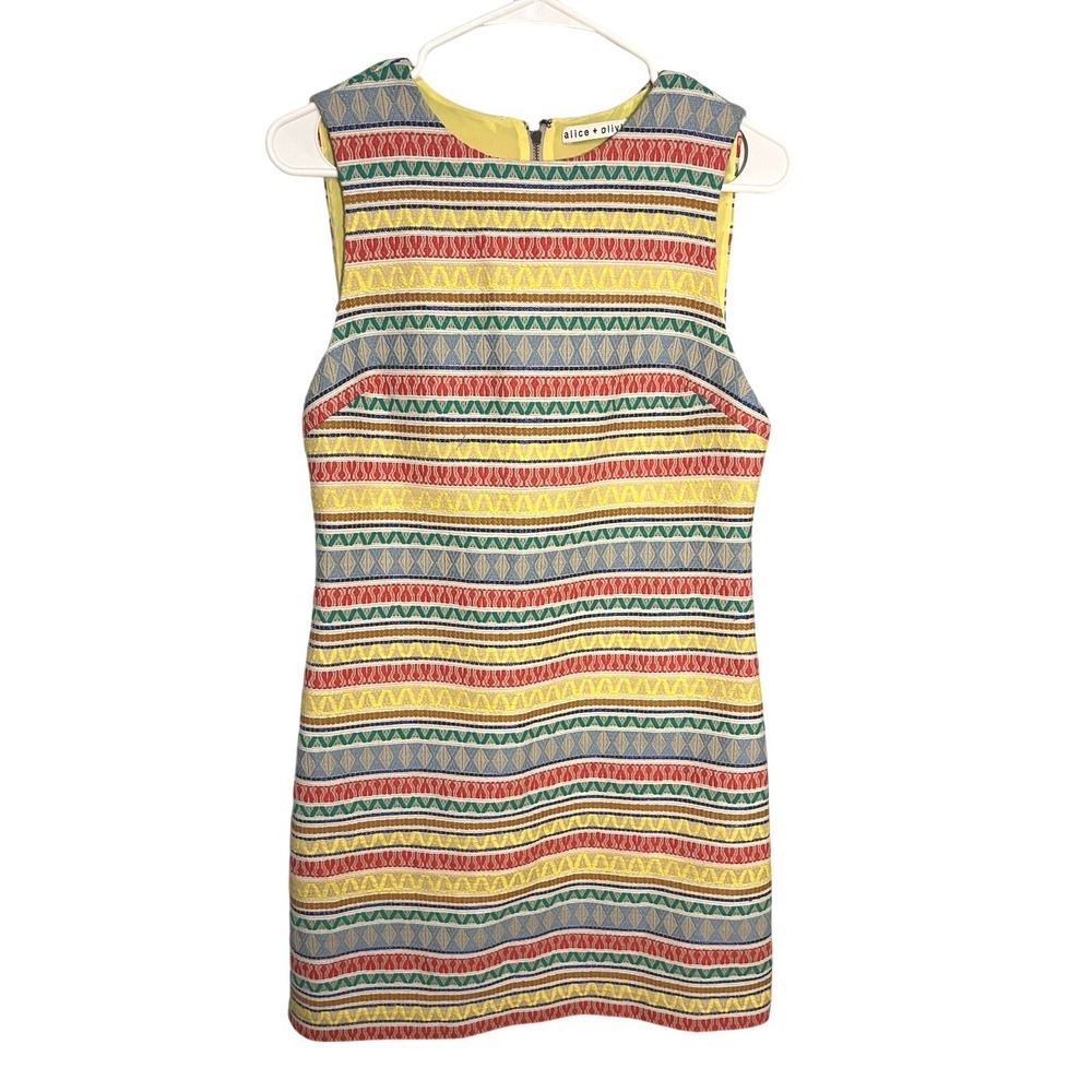 Alice + Olivia Coley Embroidered Yellow Aztec Stripe‎ Shift Dress Sz 6